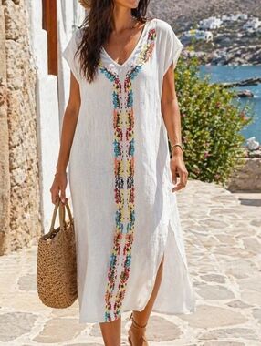 White Floral Embroidered Gauzy Swim Cover-Up Tunic Dress Boho Resort Beach